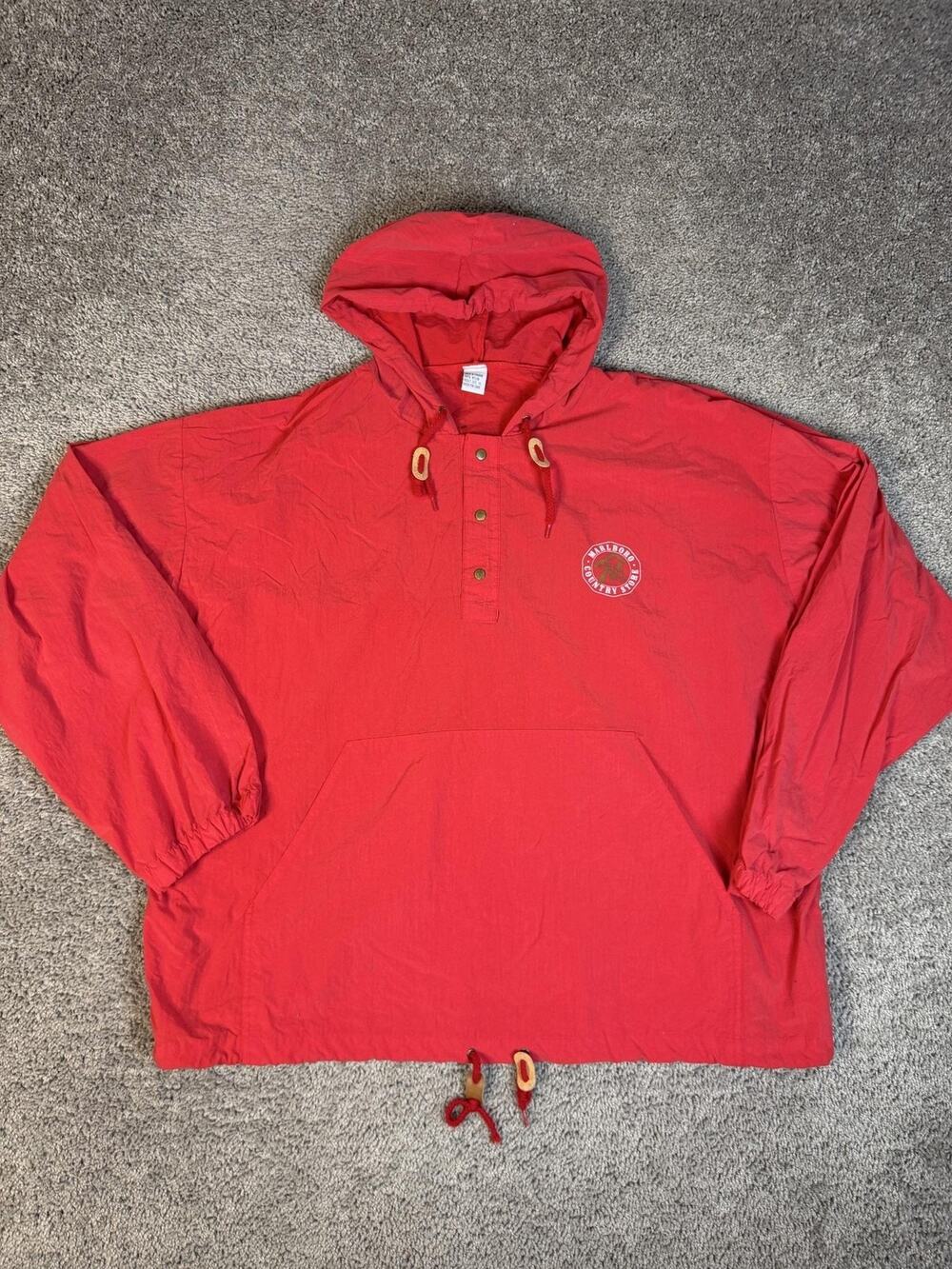 VTG Marlboro Country Store Jacket Mens XL Red Anorak Hooded Snap Pockets Nylon